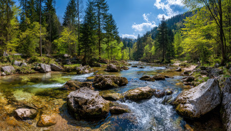 A river carves through a verdant forest, its waters reflecting the sunlight and surrounding greenery. Large rocks dot the riverbed, adding texture to the scene. The composition highlights the natural beauty of the environment, with a vivid display of colors, offering potential use for environmental or travel-related publications.の素材