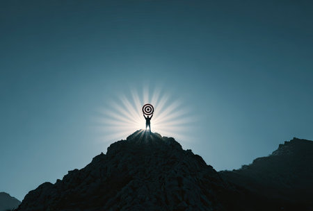 A silhouette of a person standing atop a mountain, holding a target against a bright, radiating light source. The image features a dark, graphic style with high contrast, possibly implying the sun or another light source. This could be used for various projects focused on achievement, goals, or motivational concepts.の素材