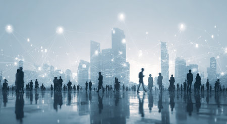This image presents silhouetted figures traversing a modern cityscape. The scene is rendered in cool tones, suggesting a time of day or night. Digital effects overlay the buildings, enhancing a sense of technology and communication. This visual could be utilized in presentations, articles, or marketing materials.の素材