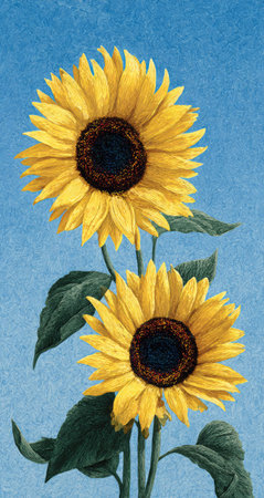 Two sunflowers are displayed with their large yellow petals and dark brown centers against a bright blue background. The illustration features green leaves and stems, with a detailed artistic style. This imagery could be used for various commercial projects, including print media or digital advertising. The composition suggests a sunny, outdoor environment.の素材