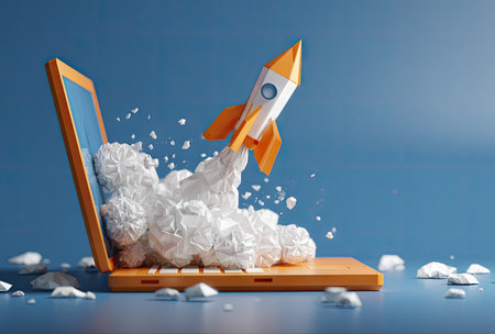 A vibrant digital illustration features a rocket launching from an open laptop computer. The scene is set against a simple blue backdrop with stylized clouds. The artwork uses bright colors and textures, suggesting a concept of progress and growth. Suitable for use in technology and business-related projects.の素材