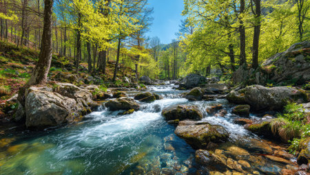 A vibrant river courses through a forest, showcasing water movement over rocks. The scene features lush green trees with yellow-green leaves and a bright sunny environment. This picturesque nature scene could be used for environmental, travel, or landscape-related commercial or editorial projects.の素材