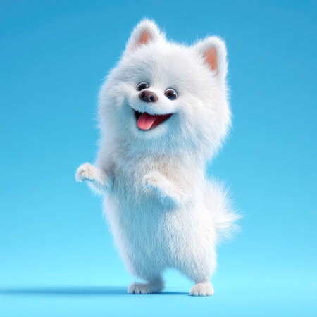 A fluffy white Pomeranian dog is depicted in a studio setting against a vibrant blue background. The dog stands on its hind legs, showcasing a smiling expression and a pink tongue. The image features soft lighting, emphasizing the dog's fur and texture. This image is suitable for various commercial uses.の素材
