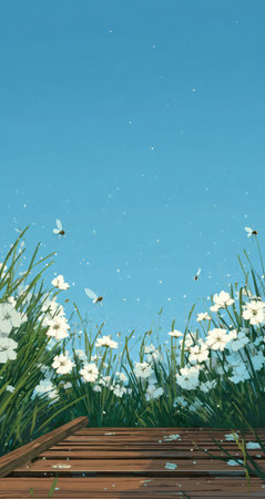 An image captures white flowers and green grass against a vast blue sky. Wooden planks extend toward the flowers, creating a ground view. The composition features a natural outdoor scene with elements of sunlight and open space. Suitable for various editorial and commercial applications.の素材