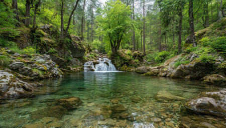 A picturesque landscape displays a waterfall flowing into a crystal-clear pond, reflecting the lush green forest around it. The scene showcases vibrant colors, with varying shades of green dominating the composition. This image could be utilized for nature-themed projects, environmental initiatives, or any editorial content requiring serene visuals.の素材
