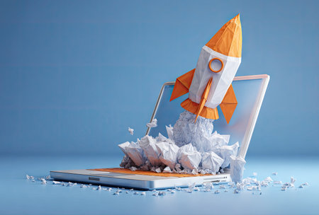 A conceptual illustration showcases a papercraft rocket launching from a laptop screen. The scene features a blue backdrop and uses bright colors. The composition focuses on digital transformation, and the creative style suggests commercial applications in technology or business contexts. The image is designed to capture attention and promote innovative concepts.の素材