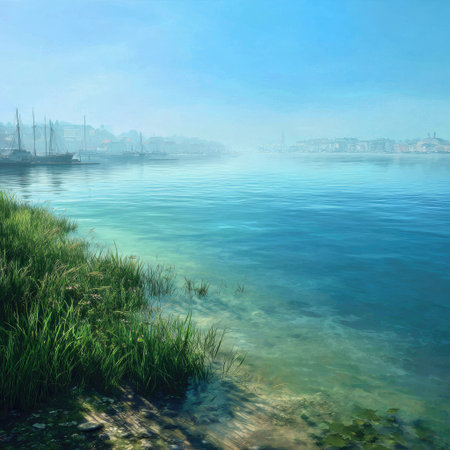 A picturesque waterfront is depicted with vibrant green grass in the foreground and serene, clear water extending towards a misty horizon. Soft, natural lighting bathes the scene, highlighting the textures of the vegetation and the gentle ripples on the water. This image could be suitable for various commercial and editorial applications.の素材