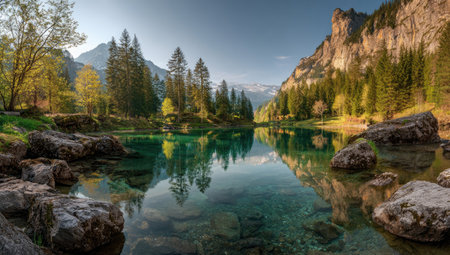 A scenic landscape showcases a calm lake reflecting the surrounding mountains and trees. The image presents a clear blue sky, with visible sunlight enhancing the color. Rocks in the foreground and a hillside on the right frame the water. Suitable for illustrating travel, nature, or environmental themes.の素材