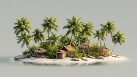 This image depicts a lush, tropical island featuring palm trees and rustic huts. The composition is set against a neutral backdrop, enhancing the vibrant greens and browns of the vegetation and structures. The lighting suggests a bright, sunny day, ideal for various commercial and editorial applications.の素材