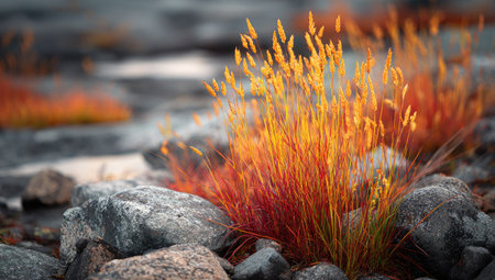 The image features a close-up of colorful grass with yellow and red hues. The textured scene shows blades of grass rising among grey stones near water. The composition is likely photographed outdoors, possibly for editorial content, or could be used for decorative applications.の素材