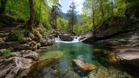 A scenic view captures a forest stream featuring crystal-clear water cascading over rocks. Lush green trees surround the waterway creating a natural environment. The composition highlights a landscape of water and vegetation, suitable for environmental or travel-related publications.の素材