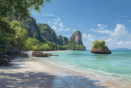 A scenic coastal view features clear turquoise water lapping a sandy beach. Towering green-covered cliffs and rock formations rise dramatically against a clear blue sky dotted with clouds. The composition captures the natural beauty of an outdoor environment, suitable for various editorial and commercial applications.の素材