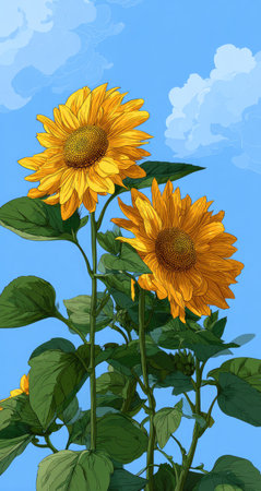 Two bright yellow sunflowers stand tall against a light blue sky with sparse white clouds. The digital illustration showcases a painterly style with lush green leaves and textured petals. The composition offers a vertical view suitable for diverse uses including commercial projects and editorial content.の素材
