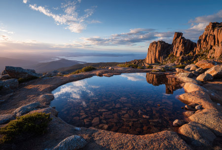 A scenic view shows a mountain pond reflecting the sky and surrounding landscape. The water's surface mirrors clouds, creating a symmetrical composition. The scene showcases natural rock formations and a bright sky with soft lighting. This image could be used for various commercial or editorial applications related to nature.の素材
