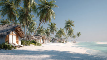 A tranquil beach scene showcases several bungalows with thatched roofs, nestled among tall palm trees. The composition highlights a pristine white sandy beach meeting the clear turquoise water under a bright, cloudless sky. This idyllic environment suggests recreational activities, offering imagery suitable for travel and vacation promotions.の素材