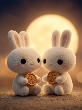 Two white plush bunnies are facing each other, each holding a round cookie. The image features soft textures and a warm color palette, with a blurred, glowing moon in the background. The scene suggests a cozy, indoor setting. Suitable for various design projects and commercial applications.の素材