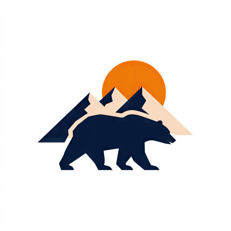 This vector illustration features a bear silhouette traversing before mountain peaks and a sun. The graphic uses a limited color palette of blue, orange, and white. This image is suitable for various commercial purposes, including use in branding, educational materials, and illustrative content. The composition suggests outdoors.の素材