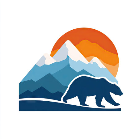 A vector illustration depicts a bear walking in front of mountains with snow-capped peaks and a setting sun. The composition uses flat colors of blue, orange, and white. This image could be used for various design projects, including logos, icons, and illustrations. It is suitable for commercial and editorial use.の素材