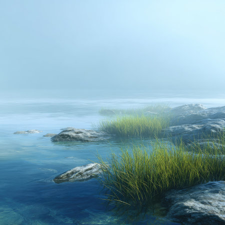 This image presents a serene waterscape featuring rocks, vibrant green grass, and calm blue water. The composition is bathed in soft, diffused light, suggesting a hazy atmosphere. The scene evokes a sense of peace and natural beauty, potentially suitable for environmental or wellness-related projects. It can also be used for background purposes.の素材