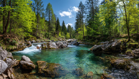 A clear river winds through a vibrant forest, reflecting sunlight and surrounding greenery. The image showcases a natural outdoor environment, featuring various shades of green and blue. This composition may be suitable for illustrating environmental themes, promoting travel destinations, or commercial use.の素材