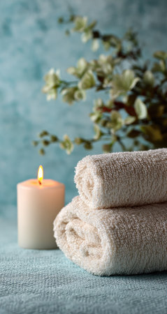 A spa setting features rolled white towels stacked near a lit candle. The scene includes blurred greenery against a textured teal background. Soft lighting and a shallow depth of field contribute to the serene ambiance. This image is suitable for wellness, relaxation, and lifestyle concepts.の素材