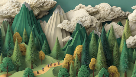 This image presents a vibrant stylized landscape featuring mountains, trees, and clouds rendered with a distinct artistic flair. The composition uses a variety of green and white hues, textures, and a textured paper aesthetic. Suitable for a range of uses, the image conveys a sense of depth and tranquility in a natural environment.の素材