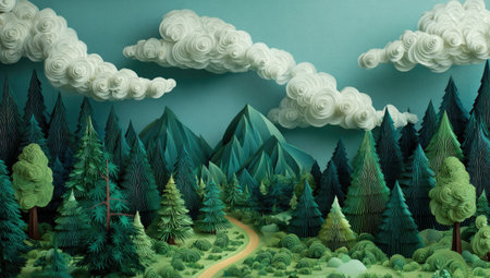 This image depicts a stylized forest scene with textured green trees and mountain peaks. Fluffy white clouds float against a teal sky. The illustration uses a layered composition with soft lighting and a muted color palette. Suitable for various editorial and commercial applications related to nature and design.の素材