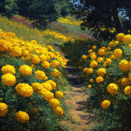 An image captures a field of numerous yellow flowers lining a winding path. The flowers are in full bloom, revealing a gradient of colors under direct sunlight. The scene includes greenery and hints of other blossoms. This type of image is suitable for various commercial uses.の素材