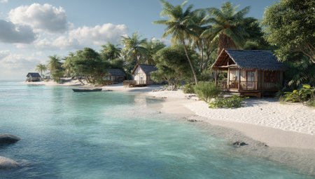 This image presents a serene beach landscape showcasing several wooden huts situated near the water's edge. The scene is bathed in daylight with clear blue skies and crystal-clear turquoise waters. The composition features a natural arrangement of palm trees, sandy beaches, and surrounding green vegetation. Ideal for illustrating tropical getaways and vacation concepts, it can be utilized in various commercial projects.の素材