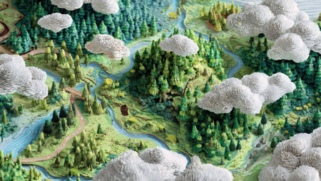 This image presents a vibrant, three-dimensional paper craft diorama of a forest landscape. The scene features lush green trees, winding rivers, and fluffy white clouds. The artwork employs a mix of textures and colors, with overhead lighting that creates highlights and shadows, suitable for various creative or editorial projects.の素材