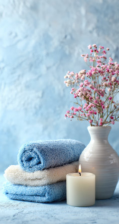 This image features a stack of rolled towels, a vase of pink flowers, and a lit candle. The scene is set against a soft, light blue background. The composition highlights textures and colors in a clean, inviting style, potentially suitable for wellness, spa, or home decor concepts.の素材