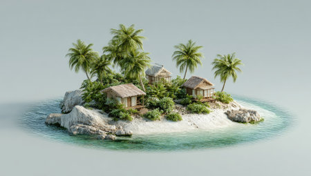 A digital illustration shows a small island with miniature houses surrounded by vegetation and palm trees. The scene depicts a sandy beach meeting the clear, shallow water. The composition utilizes vibrant colors with a focus on details. It could be used for travel, tourism, or environmental concepts.の素材