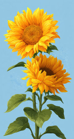 Two sunflowers stand tall, showcasing bright yellow petals and textured centers. Green leaves and a sturdy stem provide contrast against a pale blue backdrop. The image utilizes soft lighting, creating a cheerful mood suitable for various commercial and decorative applications.の素材