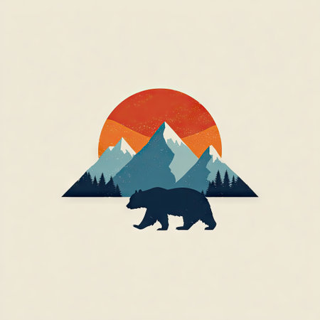 A vector illustration depicts a bear silhouette traversing a landscape. The artwork features a warm sunset and stylized mountain range. The color palette includes blue, orange, and beige. The composition suggests an outdoor scene with potential uses in advertising and design projects.の素材