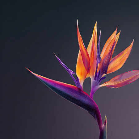 A close-up captures a bird of paradise flower with vivid orange, purple, and yellow petals. The composition features a dark, gradient background, emphasizing the flower's intricate textures and shapes. This image presents a sense of vibrancy and elegance suitable for various design applications and creative projects.の素材