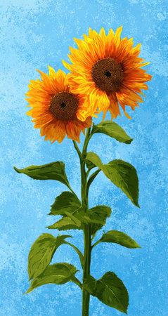 Two bright sunflowers stand tall with yellow petals and brown centers, set against a textured blue backdrop. The illustration uses bold colors and a slightly painterly style. Ideal for designs needing a fresh, eye-catching visual element, this image suits various commercial applications.の素材