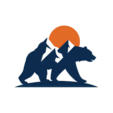 An illustration depicts a bear walking in front of mountains with an orange sun, all set against a white background. The artwork features a flat style, with bold, dark blue silhouettes against a light background. This graphic could be useful for a variety of designs, from logos to web elements.の素材