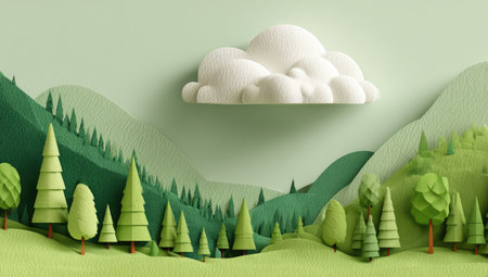A vibrant illustration showcases a stylized landscape featuring rolling hills, trees, and a fluffy cloud. The composition utilizes various shades of green, with soft lighting enhancing the three-dimensional effect. This image's clean aesthetic and cheerful design make it suitable for a variety of creative projects, including editorial and marketing visuals.の素材