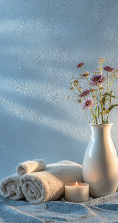 A serene spa still life features rolled white towels, a vase filled with flowers, and a lit candle. The composition is bathed in soft, natural lighting, creating shadows on a textured, light blue background. This image could be used for wellness, relaxation, or lifestyle-related commercial purposes.の素材