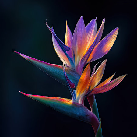A close-up captures a bird of paradise flower featuring striking shades of purple, orange, and blue. The composition, set against a dark backdrop, highlights its intricate textures and forms. The image's lighting and detail make it suitable for various commercial purposes, including decorative designs and digital content.の素材