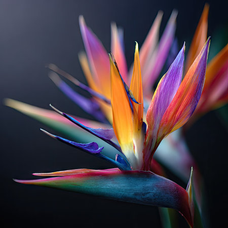 A close-up view displays a Bird of Paradise flower, showcasing a complex arrangement of colorful petals. The image captures vivid hues of orange, purple, and blue. The composition, set against a dark backdrop, highlights the flower's intricate textures. It is suitable for diverse commercial and design projects.の素材