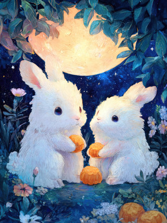 Two fluffy white rabbits are depicted holding carrots, bathed in soft light from a large, glowing moon. The artwork features a whimsical style with vibrant colors and delicate textures, set against a backdrop of foliage and a starry night sky. Suitable for illustrations, designs, and various commercial projects.の素材
