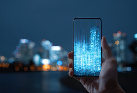 A hand holds a smartphone showcasing a futuristic, digital representation of a city. The screen displays bright blue lines forming buildings. The background features a blurry cityscape under a dark sky, illuminated by city lights. This image could be used for technology, innovation, and urban development concepts.の素材