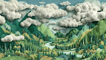 This image presents a vibrant, stylized landscape. It features rolling hills, evergreen forests, and fluffy clouds, all rendered in a unique textured style. The color palette includes shades of green, blue, and white, with an overhead perspective. Ideal for various commercial uses, including illustration and design projects.の素材