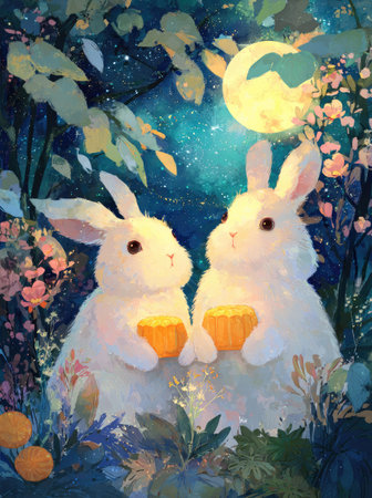 Two fluffy white rabbits are central to this illustration, holding small objects. The scene is bathed in soft moonlight with hints of colorful flora. The composition is well-balanced, and the visual style is whimsical, hinting at a peaceful, natural environment. Suitable for various creative projects and artistic endeavors.の素材