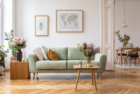 This living room features a pastel green sofa, wooden furniture, and framed artwork against a white wall. The composition includes floral arrangements, creating a welcoming and aesthetic atmosphere. The scene suggests a bright, natural setting ideal for interior design, lifestyle, and home decor projects.の素材