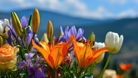 A colorful bouquet features orange lilies, white tulips, and purple irises. The flowers are in full bloom, highlighted by sunlight. The composition includes an out-of-focus background with a mountain. This image could be suitable for various commercial uses, including advertisements.の素材