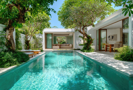 A vibrant image presents a turquoise swimming pool flanked by green foliage. White structures provide shaded areas. The scene uses natural light and features a clear sky. Suitable for illustrating leisure, relaxation, and vacation themes, this image could be used for editorial and commercial purposes.の素材