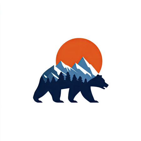 This graphic presents a bear silhouette featuring mountain peaks and a vibrant orange sunset. The artwork employs bold colors and a simplified style suitable for various applications. This illustrative design suggests a natural setting, possibly outdoors, and it could be appropriate for editorial use or commercial projects.の素材