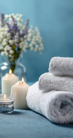 A spa setting features neatly stacked white towels and glowing candles. A delicate floral arrangement adds a touch of freshness. The scene is bathed in soft, diffused light, with a muted color palette creating a sense of calm. Suitable for wellness, relaxation, and lifestyle concepts.の素材